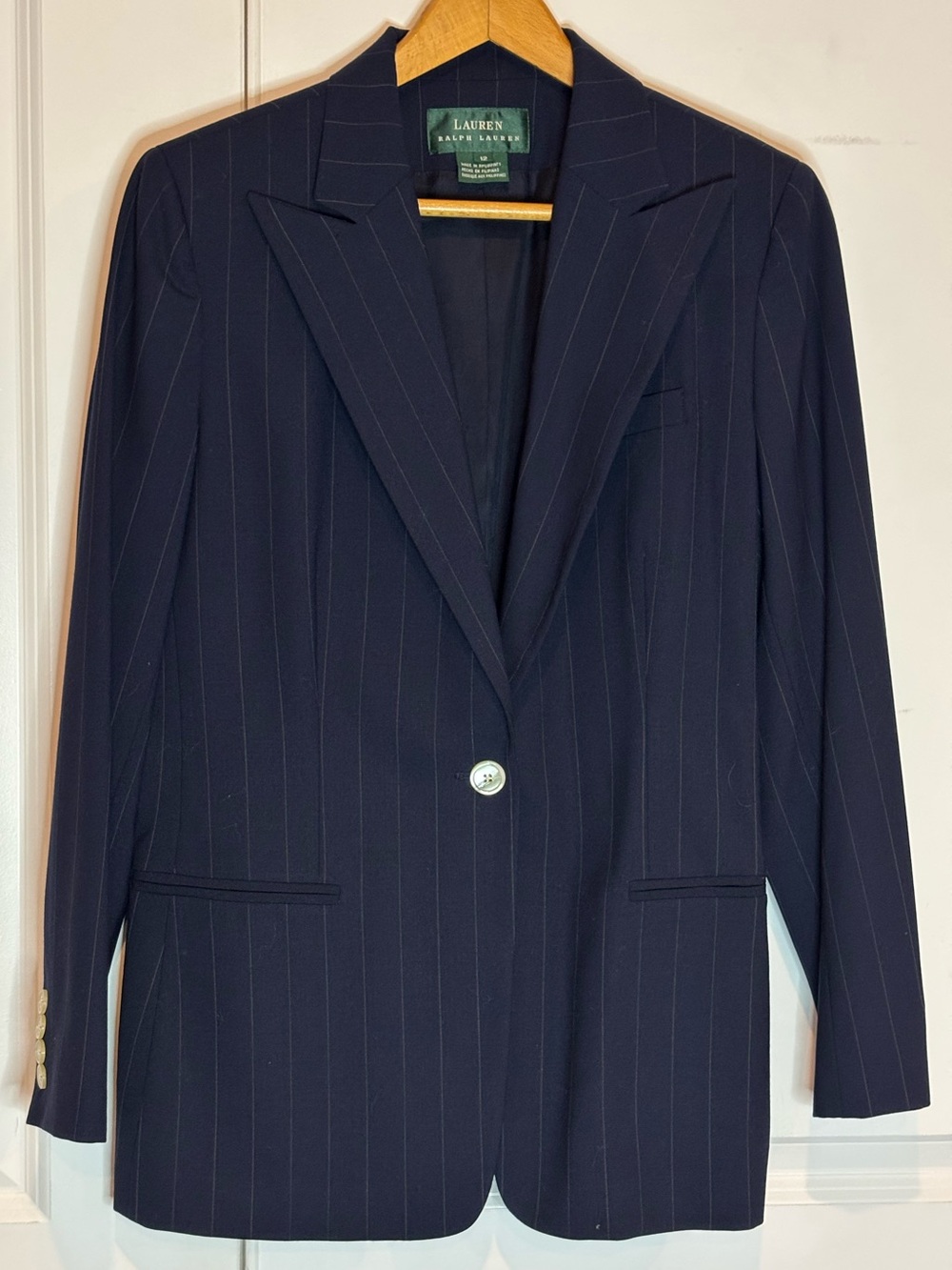 LAUREN Ralph Lauren Vintage Navy Blue Pinstripe Single Button Wool Blazer 12